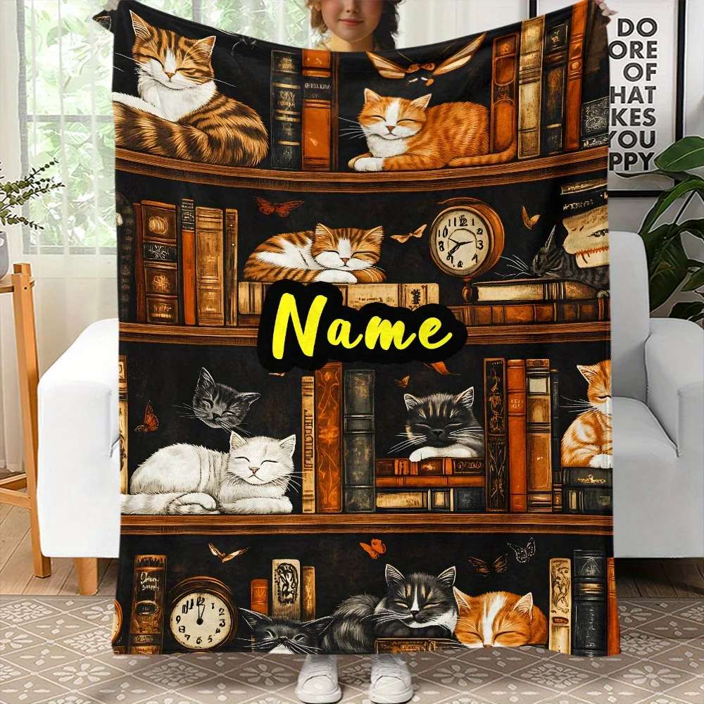 1 قطعة بطانية اسم مخصص مع الكرتون القطط رف الكتب طباعة نمط جميع المواسم المنزل لينة مريحة الفانيلا بطانية غرفة نوم مدرب ديكور #1