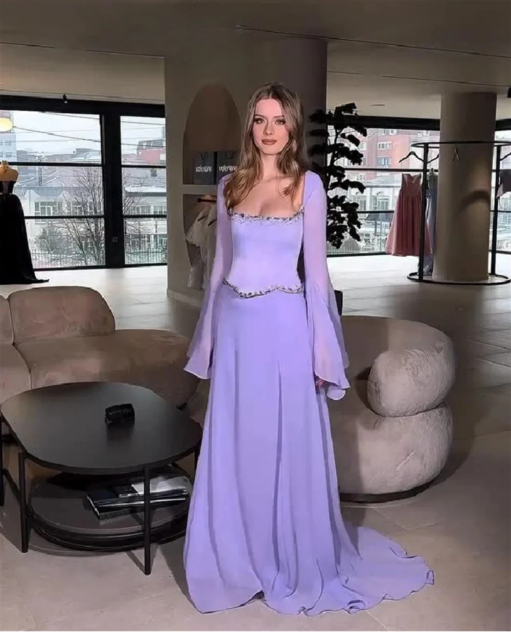 

Lilac Beaded Long Sleeves Bespoke Occasion Gown Evening Dresses Prom Pastrol Unisex Jersey Retro Dubai Saudi Arabic Customized
