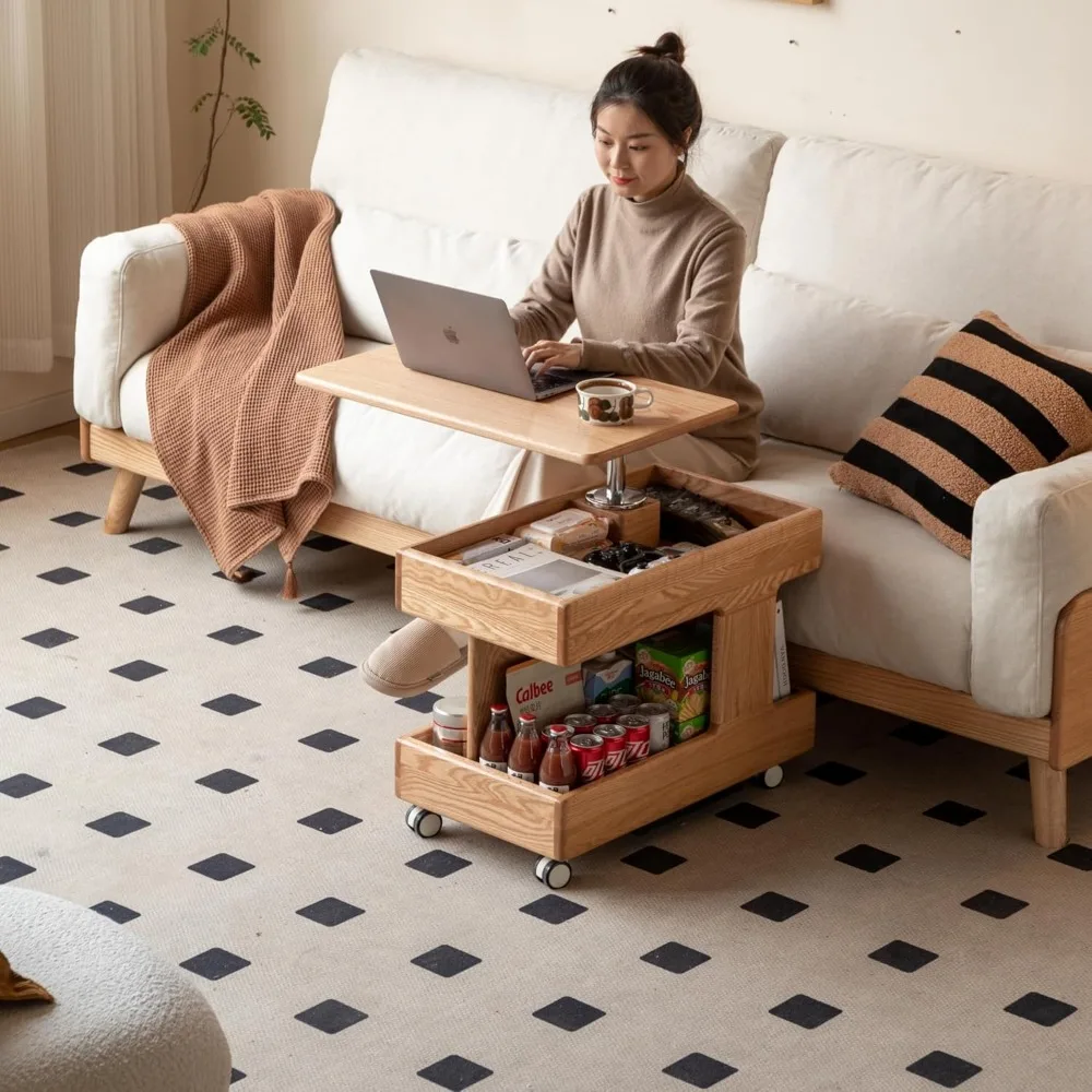 

100% Solid Oak Lift Top Coffee Table,with Rolling Wheels and 360° Rotating Desktop for Dining Room Small Wood Coffee Table
