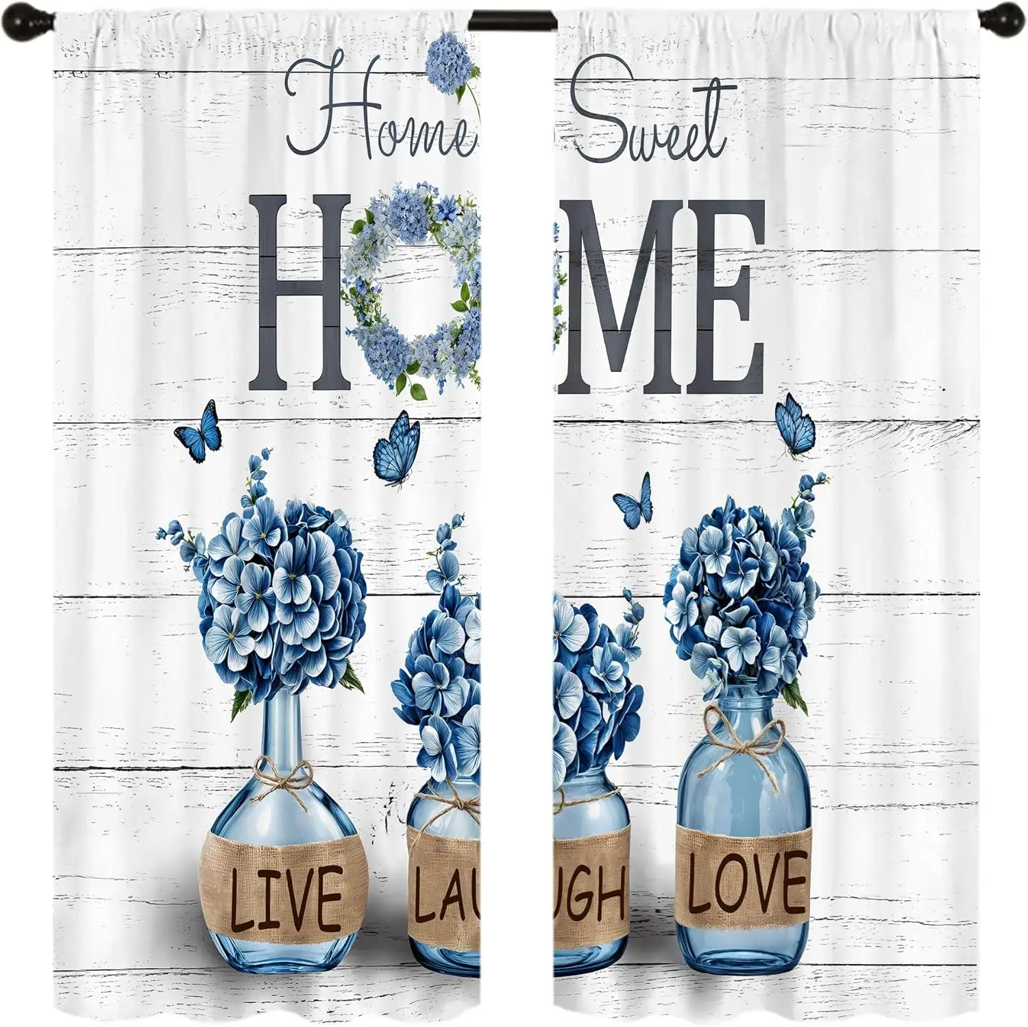 Farmhouse Blue Hydrangea Kitchen Curtains Rusitc Country Retro Vintage Home Sweet Small Short Cafe Tier Wooden Window Drapes