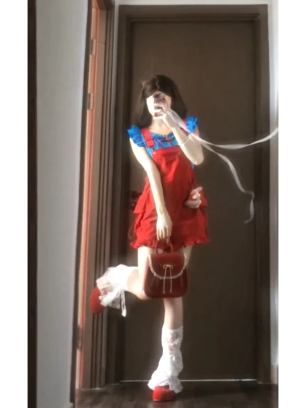 طقم صيفي فضفاض مضاد للشيخوخة باللون الأحمر Dopne Sle مع Flng Sves وسراويل ort مكونة من قطعتين طقم Faion للسيدات #4