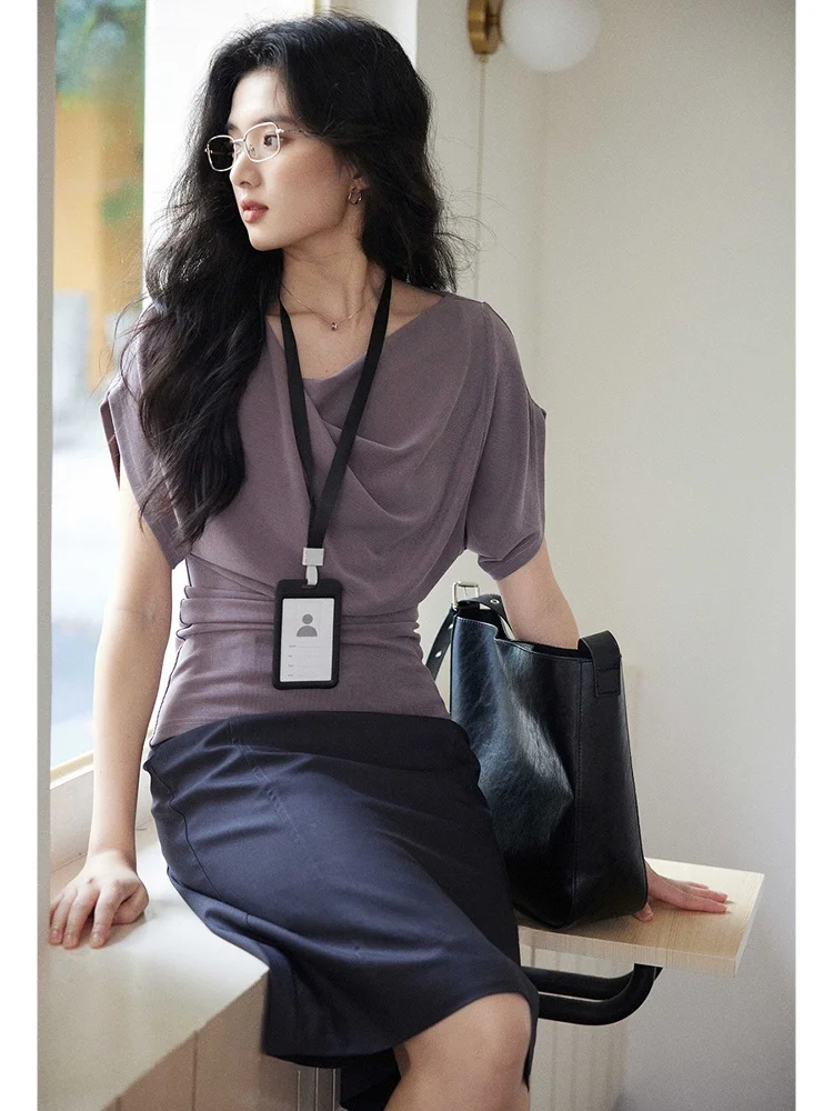 

Футболка Eryang Design ngyue Sta с медным имитацией шелка Bat ort Sve, женский дизайн, фиолетовый топ с откидным воротником Sensation