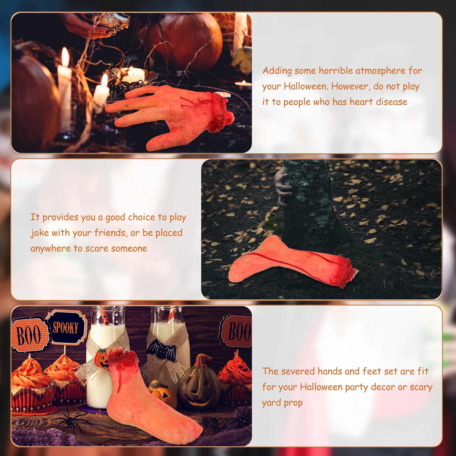 Ensemble de pieds et mains coupées réalistes, 4 pièces, décoration de farces d'halloween, parties du corps sanglantes, accessoire de Simulation de membres en vinyle, décor effrayant