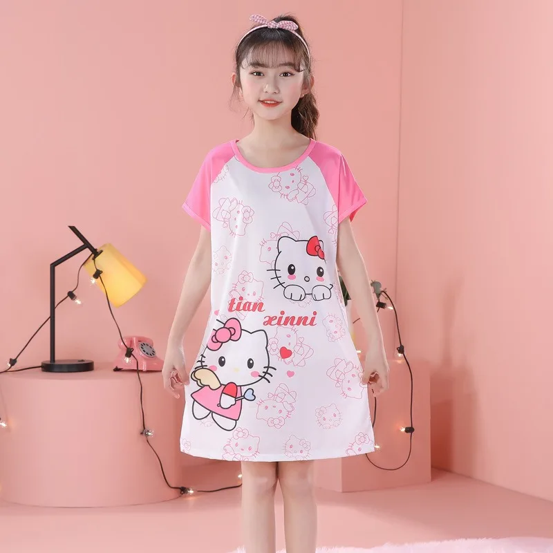 2024 Summer Girls Cute and Sweet Pajamas Mid Length Loose Children's One Piece Short Sleeves Home Dress Children Clothing