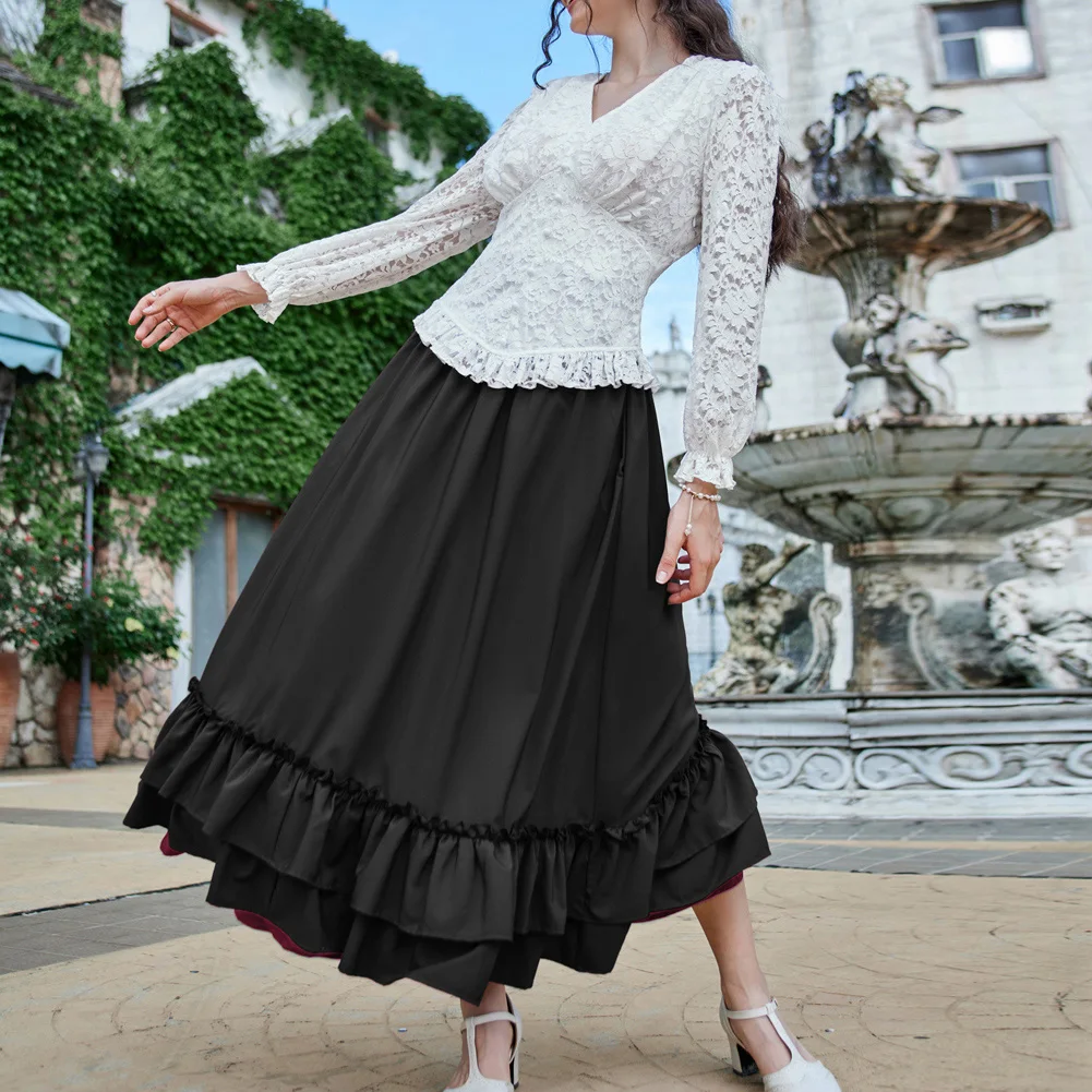 Scarlet Darkness Women Victorian Skirt High Waist Dual Layer Ruffled Hem Back Adjustable Skirt Steampunk Gothic Maxi Skirt