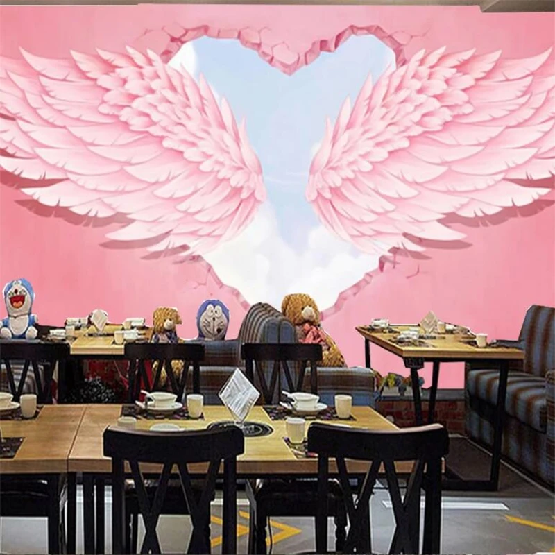 

Customized products mural Retro 8D pink love angel wings green wallpaper Living room sofa TV background wall bedroom restaurant