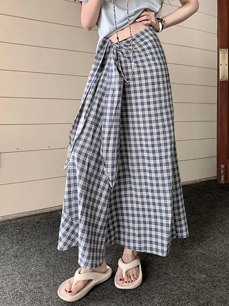 

Retro plaid midi skirt women summer new style Korean style design hip hugging irregular high waisted tie strap long skirt