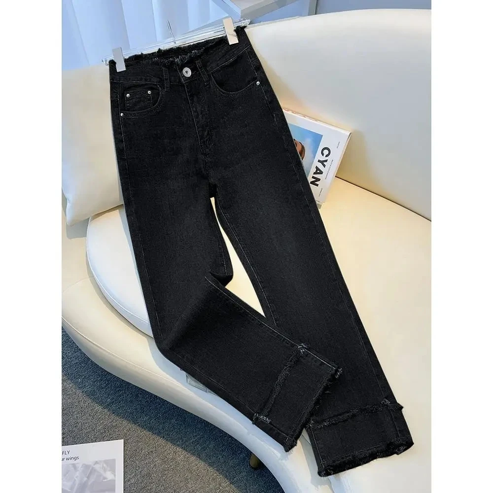 Stretch Nine Point Denim Pipe Pants for Women Spring Autumn 2026 New High Waist Slimming Retro Straight Leg Jeans Female