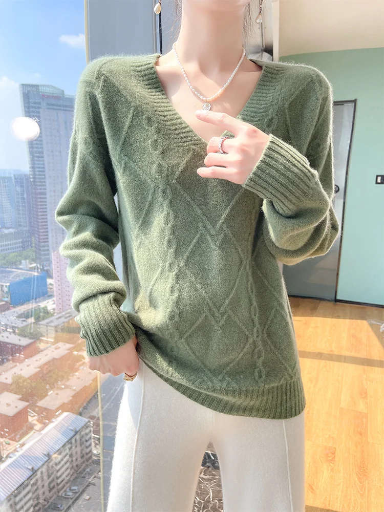 

High Quality 100% Merino Wool Sweater Autumn Winter Women V-Neck Striped Slim Knit Pullover Casual Argyle Classic Cashmere Top