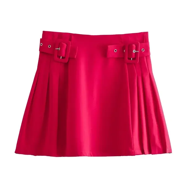 

BabYoung Summer Fashion Women Red Solid Color High Waist Buckle Decorative Chic Sexy Zipper Wide Pleated Beach Style Mini Skirts