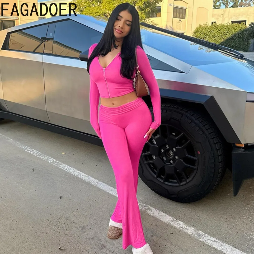 FAGADOER Autumn New 2 Piece Sets Women Outfit Casual Zip Hooded Crop Top + High Waist Flared Pants Suits Y2K Streetwear Clothing