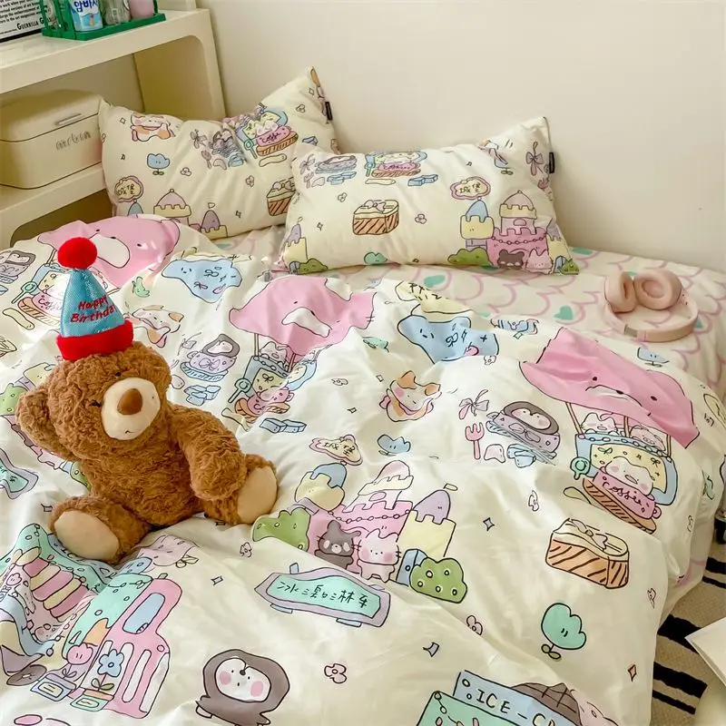 Kawaii Duvet Cover Bedding Set No filler Ins Style Cartoon Flat Sheet Pillowcase Single Full Bed Linen Girls Boys Home Deco 2024