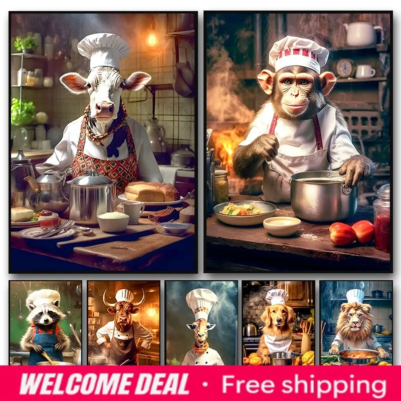 2026  Modern Animal Chef Poster Monkey Raccoon Lion Bull Cooking Kitchen Canvas Painting Print Wall Art Picture Kitchen Home