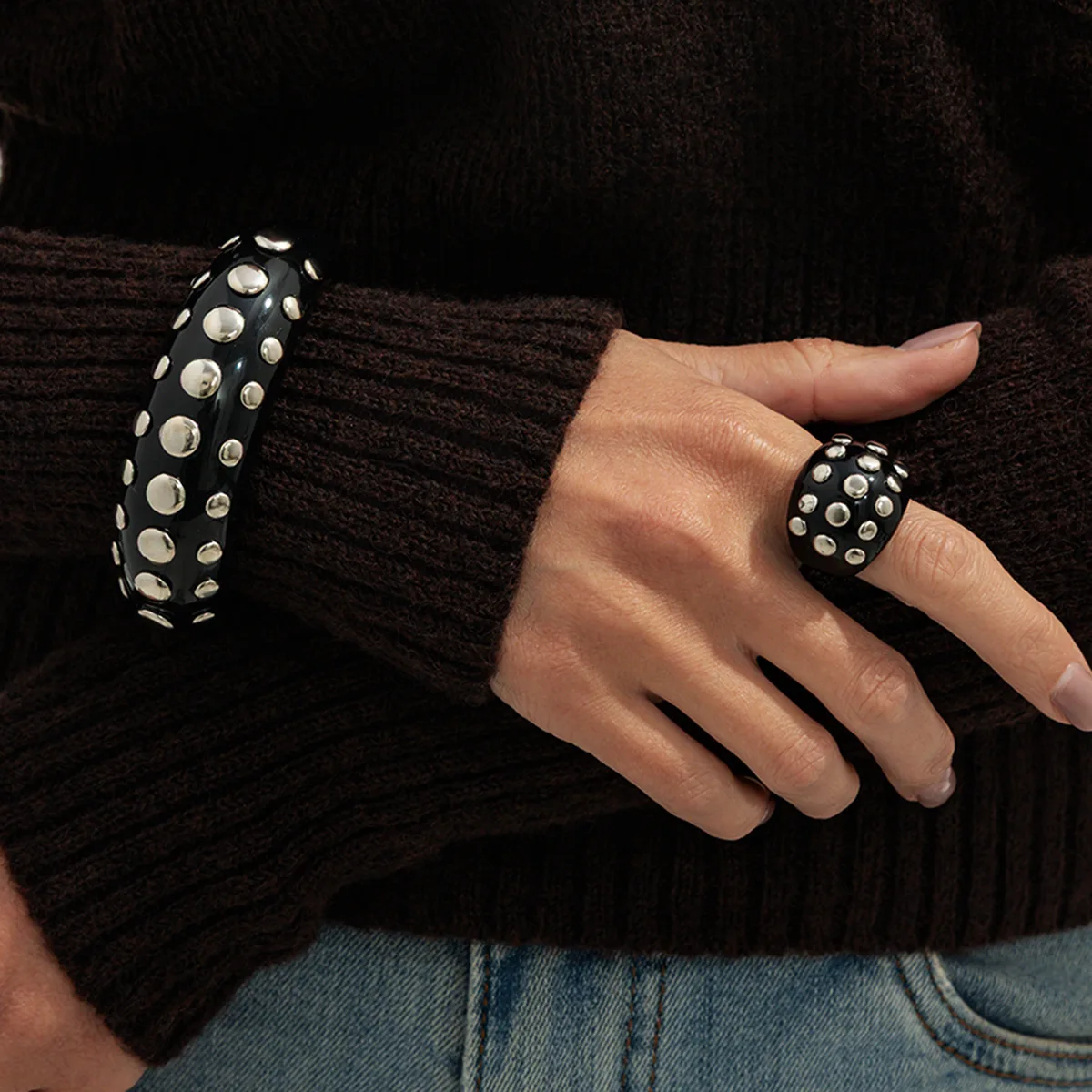 Hyperbole Rivets Acrylic Resin Stackable Open Bracelets For Women Geometric Finger Ring Cuff Wide Bangle Punk Minimalist Jewelry