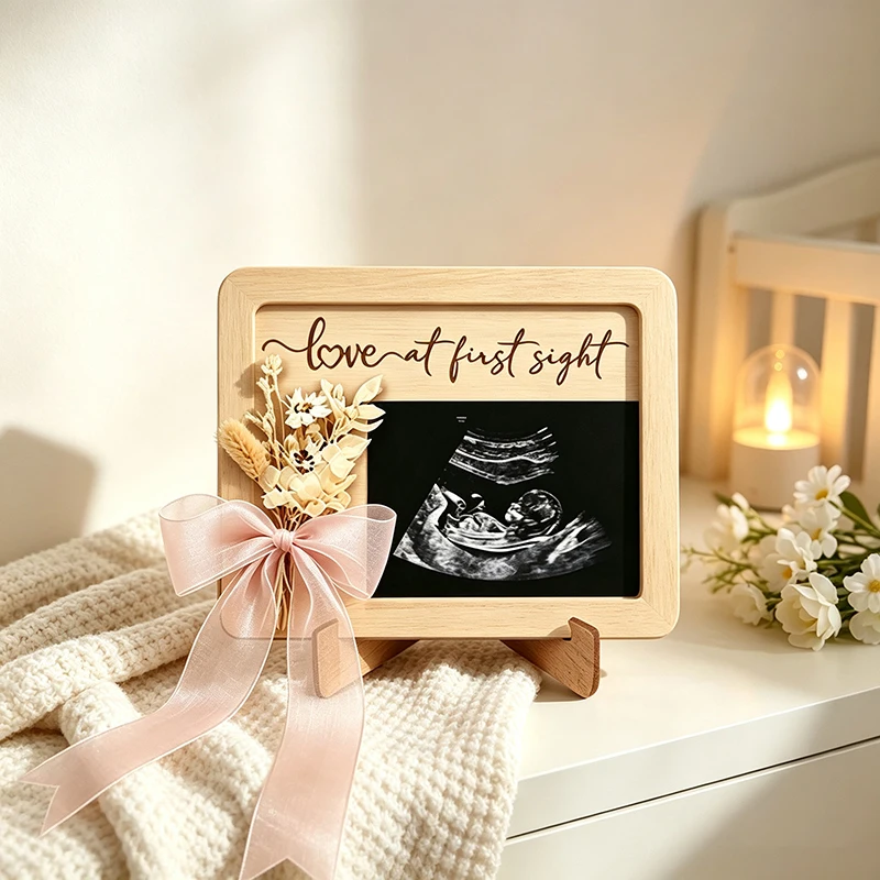 'Love At First Sight' Ultrasound Photo Frame Tabletop Wooden Frame with Holder & Ribbon For Pregnancy Announcement Sign