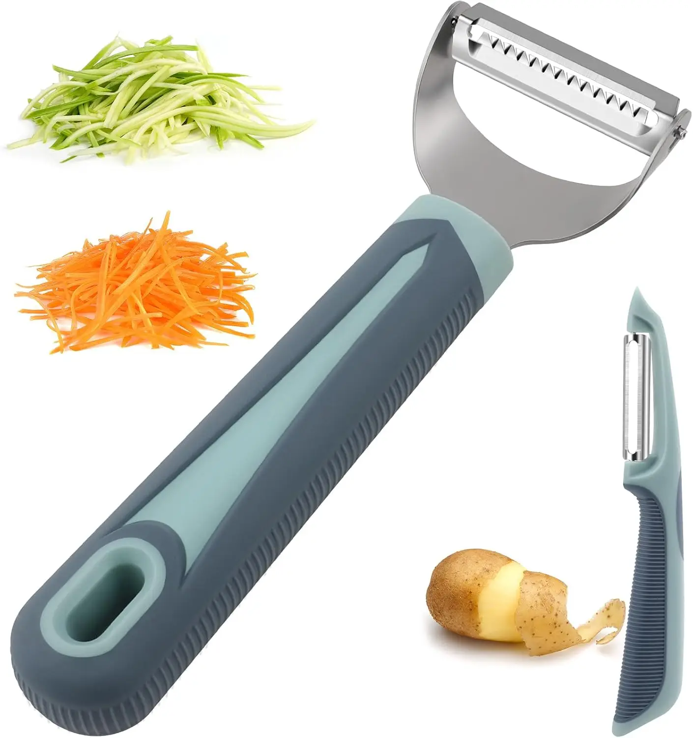 Pelador de verduras y cortador en juliana Y, juego de 2 azules, mango de silicona, triturador de zanahorias, pelador de patatas