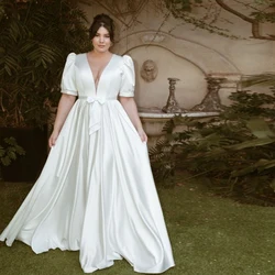 Elegant Ivory Satin Wedding Dresses Plus Size V Neck Half Sleeves Bride Gowns Bow Floor Length A-Line Vestidos De Novia 2024