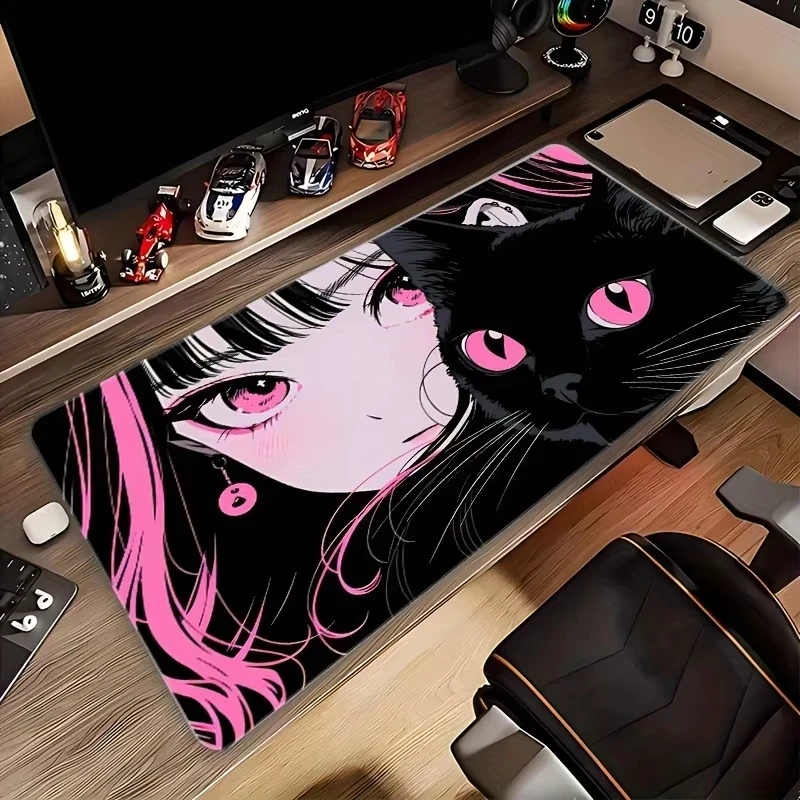 Cartoon Girl Black Cat Silicone Gaming Mouse Pad Large Keyboard Pad Topographic Mouse Pad for Keyboard with Anti-Slip Table Mat