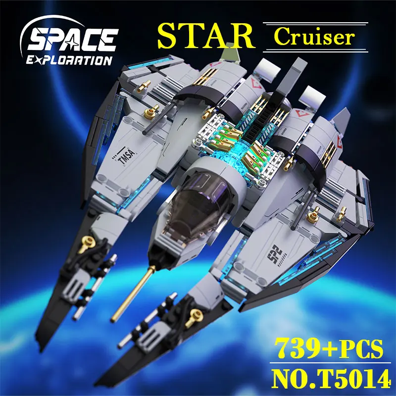 Original Sci-Fi Star Cruiser Building Set 360° Rotating Cockpit LED Atmosphere Lights Movable Parts Spacecraft Model Kids Gift