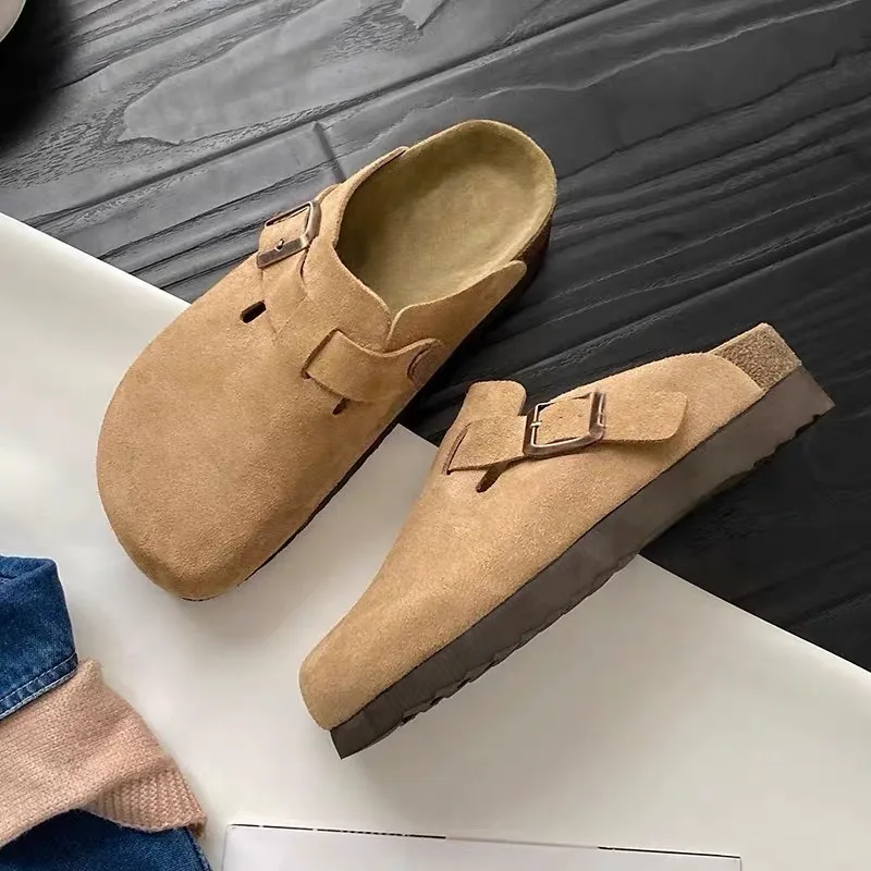 New Luxury Fashion Women\'s Suede Mules Slippers Women Clogs Cork Insole Sandals Support Outdoor Beach Slides Shoes Zapatos Mujer