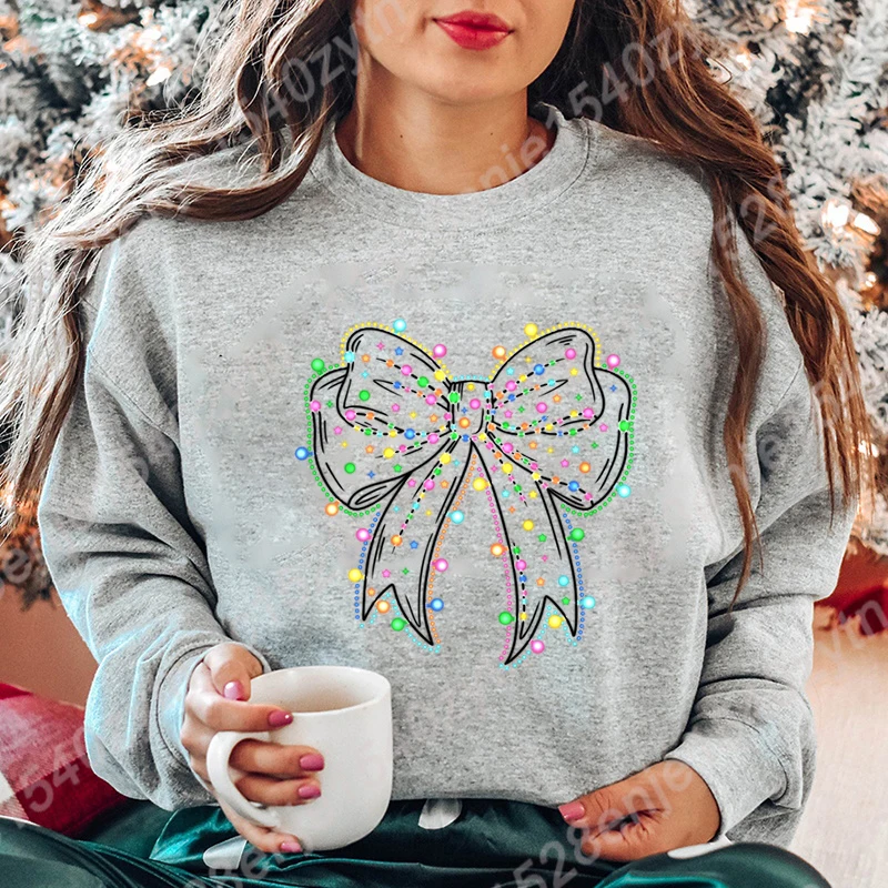 Fashion Christmas Light Bow Style Round Neck Pullovers Women Casual Sport Sweatshirt Outdoor Long Sleeve Hoodless Pullovers Tops