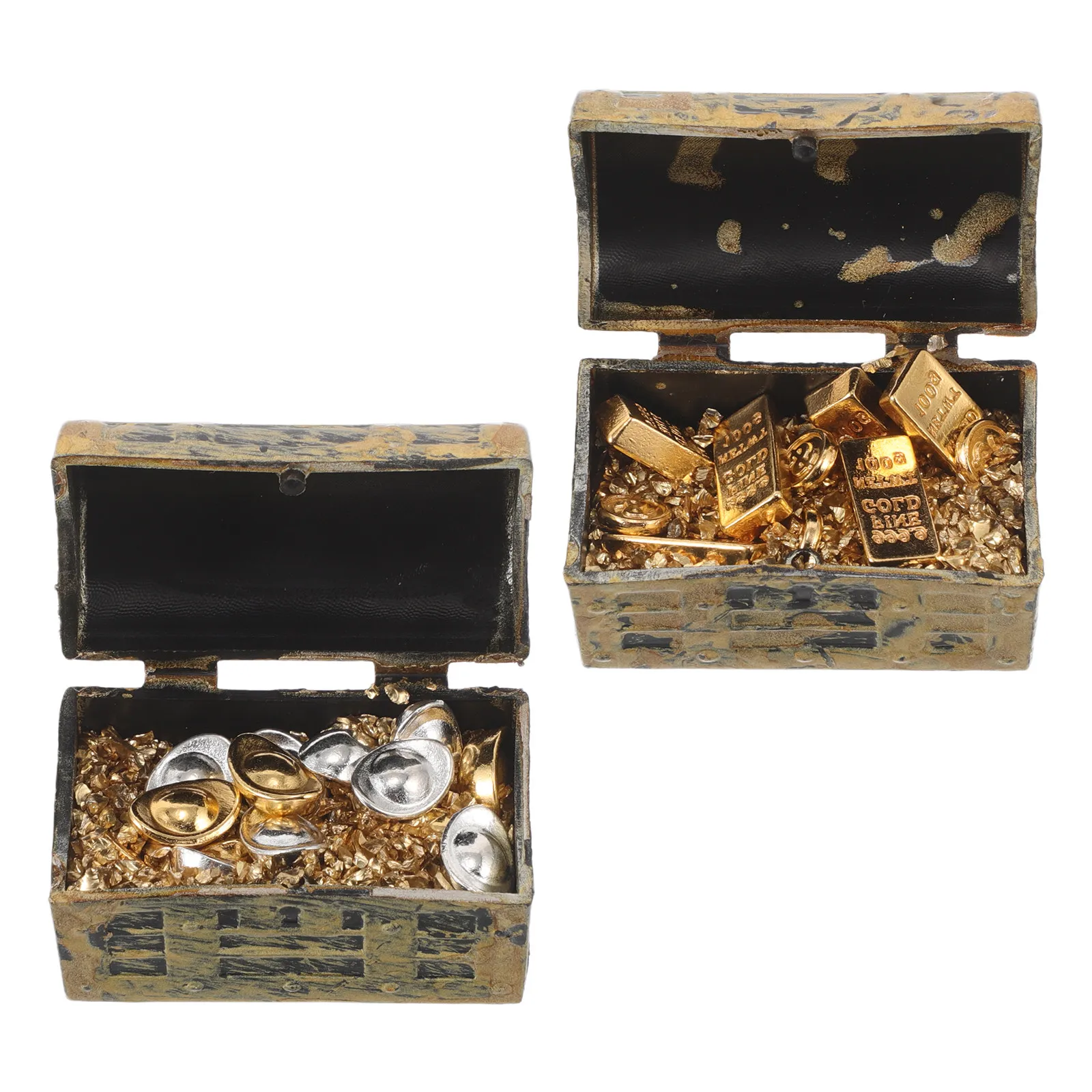 

2 набора миниатюрных сундуков с сокровищами, детализированные модели монет, слитков и брусков для кукольного домика, коллекционирования и творческих игр