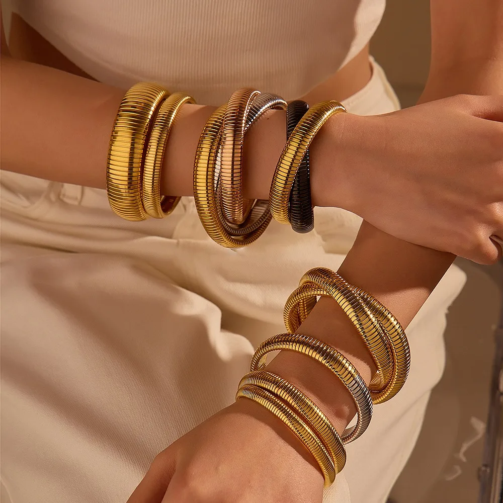 

Goose Neck Wrap Elastic Bracelet, High-End Wide Version Snake Bone Bracelet for Women, Striped Stainless Steel Snake Bone Bracel