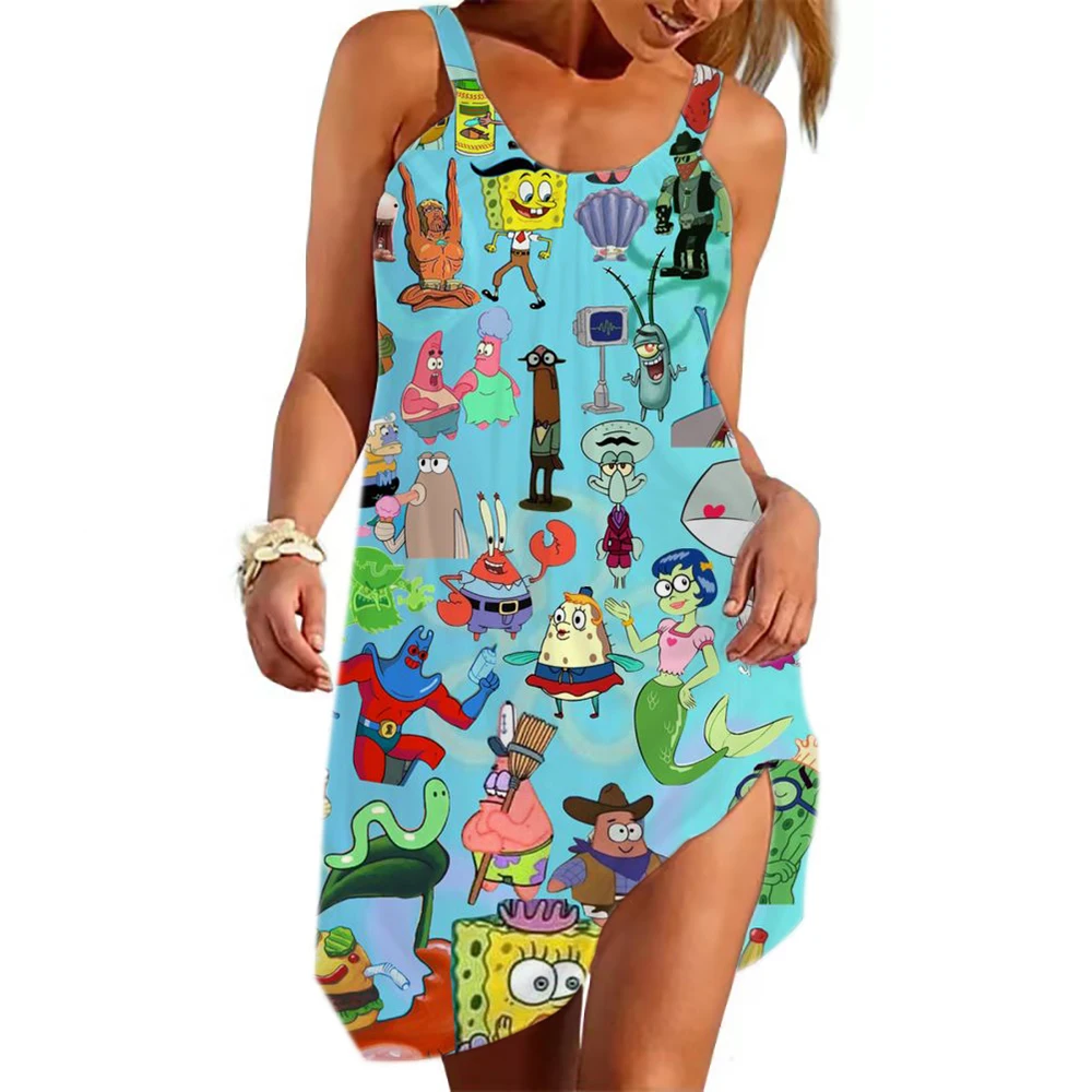 Summer casual 3D Spongebob cartoon beach suspender dress loose round neck comfortable casual dress sexy suspender dress