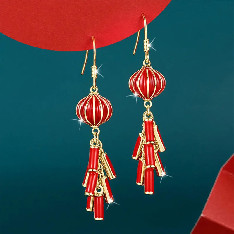 Japanese And Korean National Style Red Lantern Retro National Style Long Tassel Christmas New Year Earrings Girl