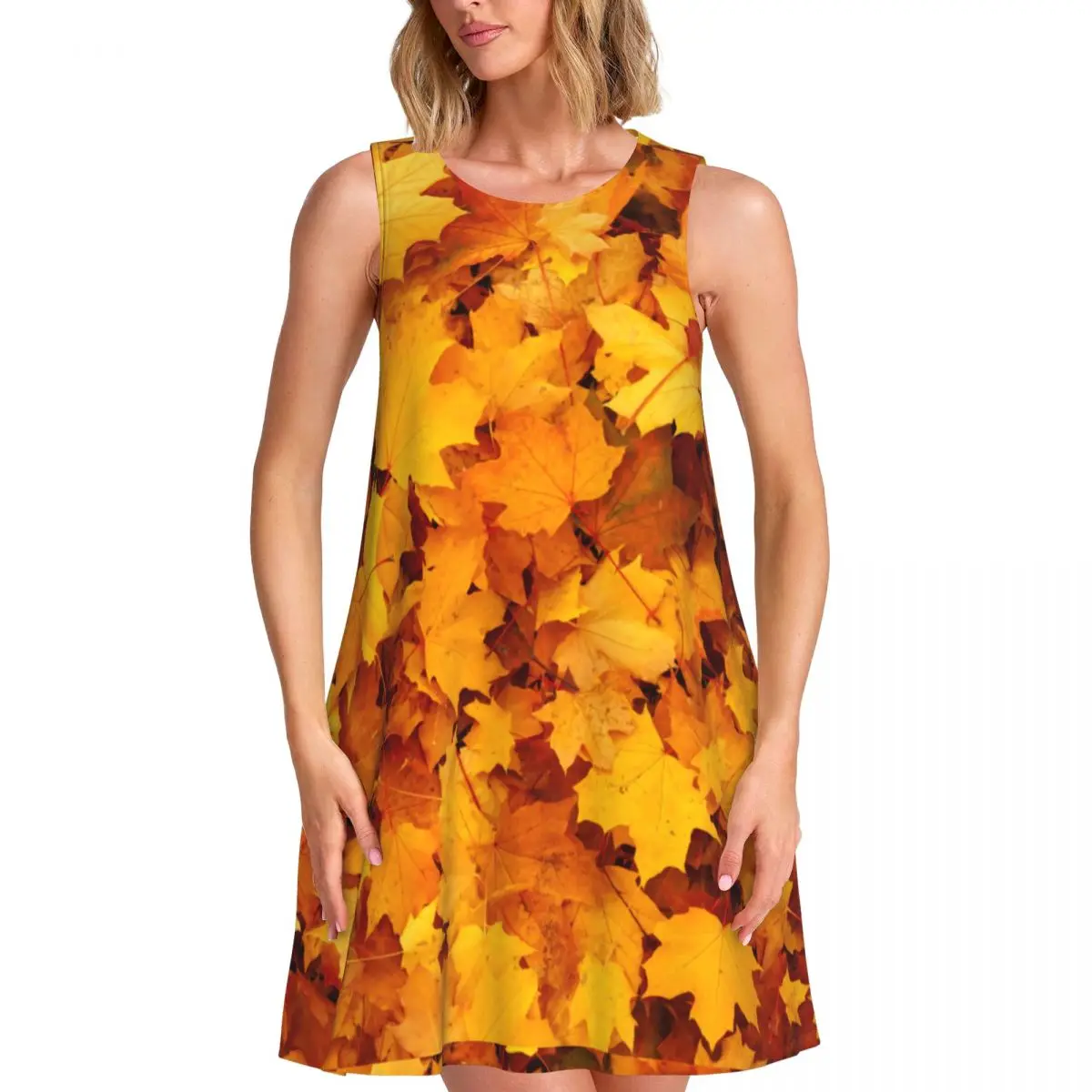Golden Leaves Casual Dress Maple Leaf Print Elegant Dresses Womens Summer Street Wear Printed Oversize Casual Dress