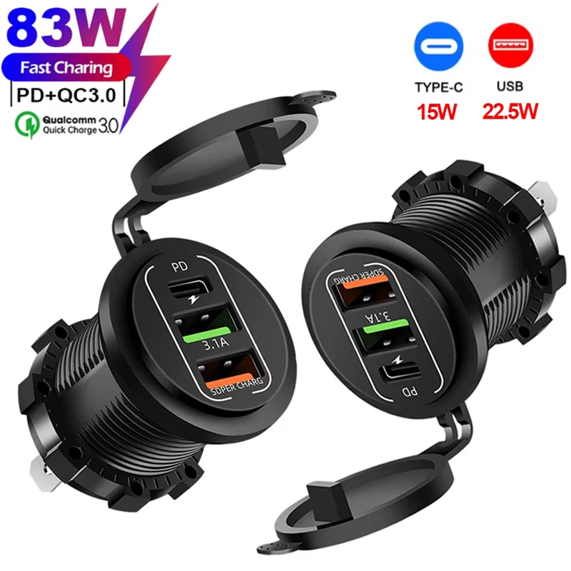 

83W Max Phone Charger Socket 45W PD+QC3.0 Fast Charging Adapter Waterproof For 12/24V Car Boat Motorcycle with LED Voltmeter