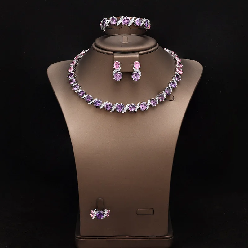 Copper electroplated gold hot-selling wedding banquet jewelry set elegant high-end colorful artificial gemstone necklace bracele