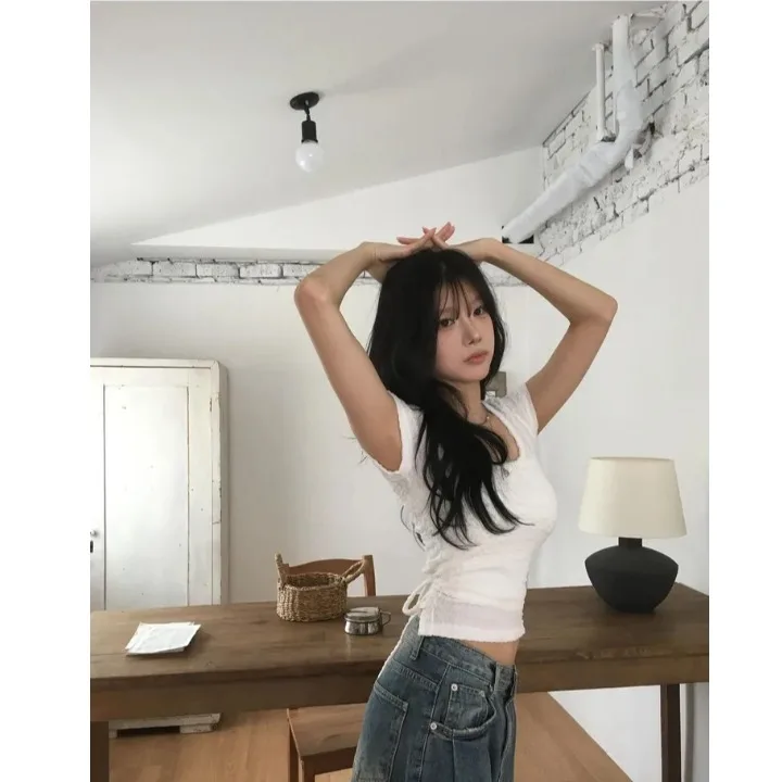 Sexy Back Double Bowtie Belly Button Exposure Top Women's Casual Style T-shirt Short Sleeve Regular Fit Summer Fashion