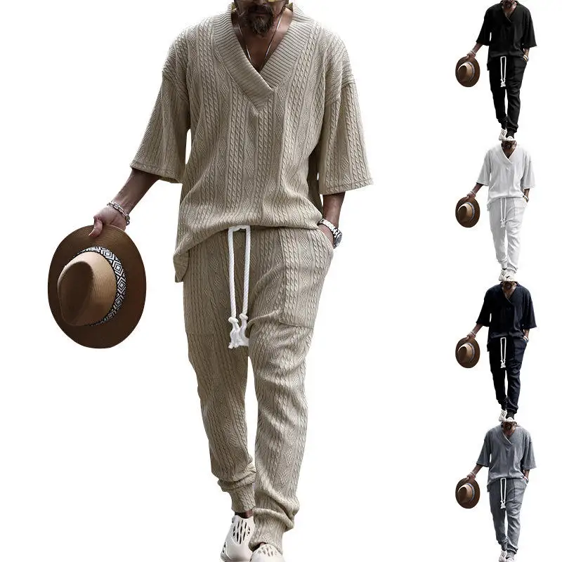 

Casual Loose Seven-Quarter Sleeve Knitted Top Men's Set Autumn Long Pants Floral Embroidery Comfortable Breathable Male Suit