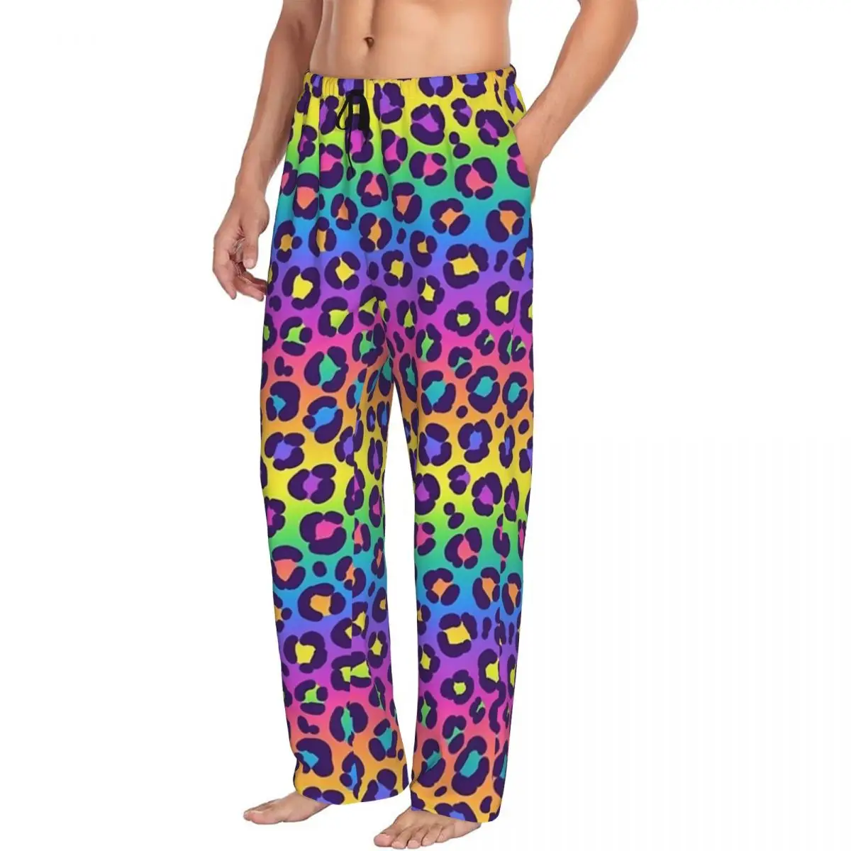 Custom Rainbow Leopard Graphic Men Pajama Pants Lounge Sleep Sleepwear Bottoms with Pockets