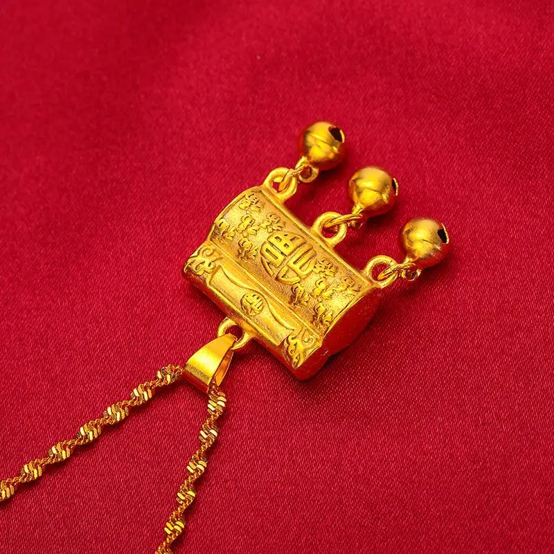 Gold-Plated Brass Vietnamese Sand Gold Longevity Lock Pendant Necklace for Men and Women, Children's Jewelry Gift