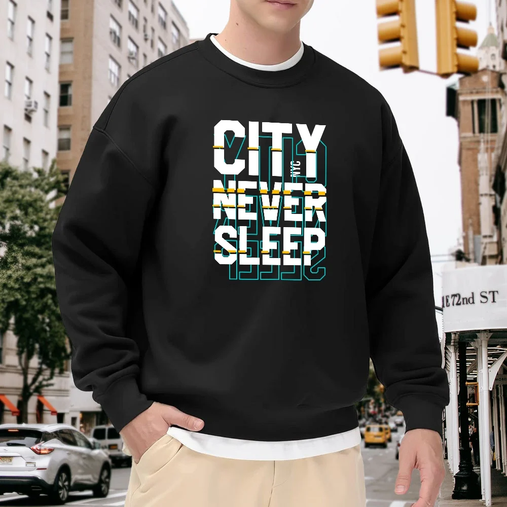 

Men's Black Crew Neck Pullover Sweatshirt, Loose Fit with Letter Print, Street Fashion Style for Daily Casual Wear, Comfortable, Breathable, and Non-Shrinkable