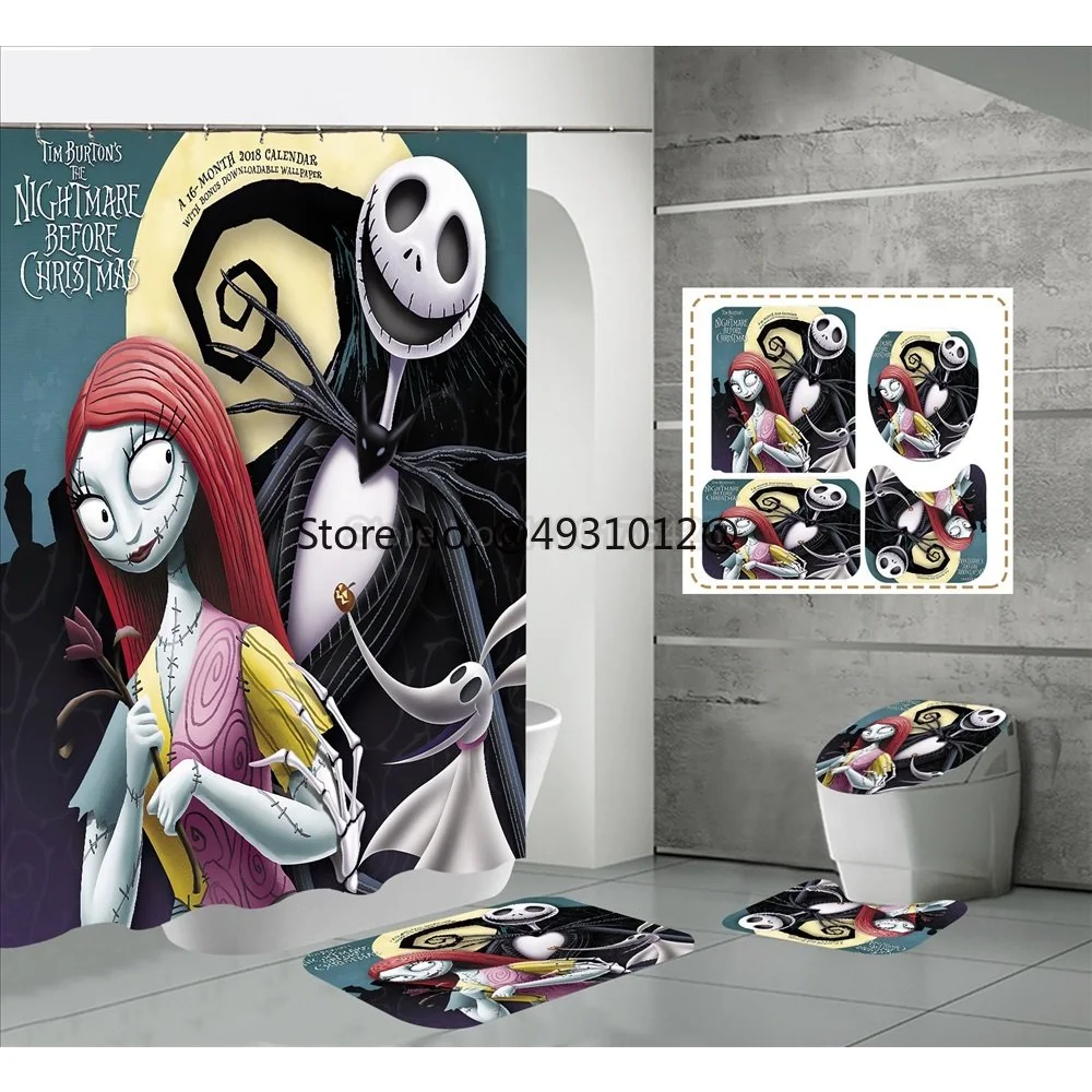  The Nightmare Before Christmas Shower Curtains Bathroom Set Anti-slip Rugs Toilet Lid Cover Bath Mat Anime Decor