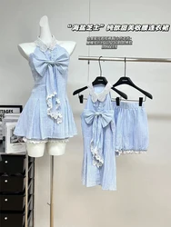 Summer Women Mori Girl Vacation 2000s Aesthetic Striped Outfits 2 Piece Dress Set Bow Sleeveless Frocks + Lace Patchwork Shorts