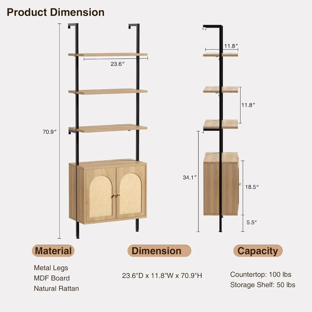 Ladder Bookshelf with Cabinet, 6 Tier Wall Mount Ladder Bookcase with Rattan Cabinet, Tall Open Ladder Shelf with Metal Frame