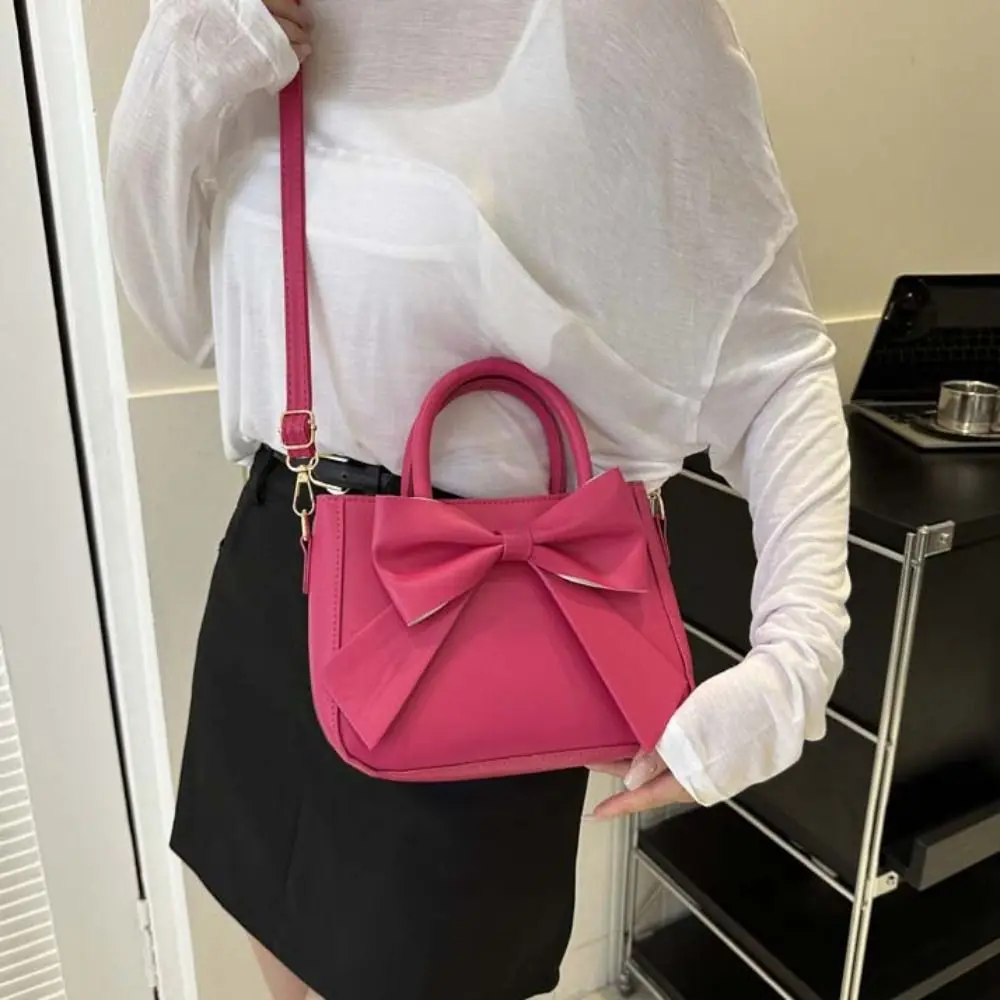 

Waterproof Bowknot Shoulder Bag Zipper Solid Color Leather Bow Crossbody Bag Large Capacity Handbag Lolita Message Bag