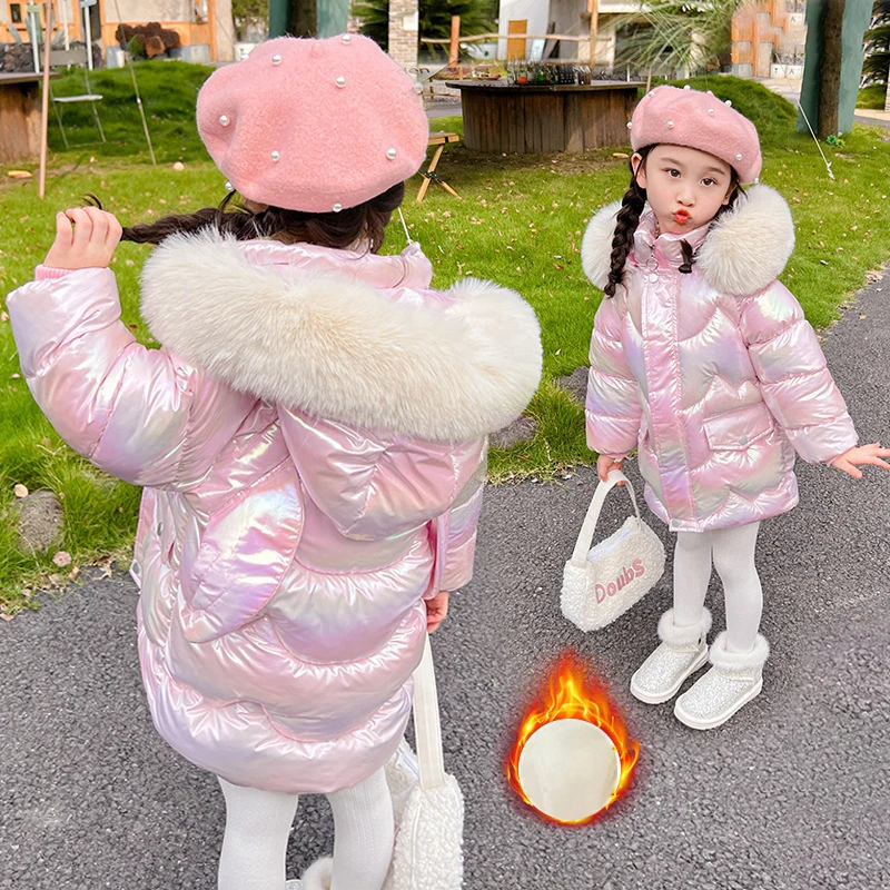 -30℃ Winter Long Girls Jacket Glossy Waterproof Lining Plush Thick Warm Windbreaker For 4-12Y Teen Kids Cotton Fashion Parkas 3