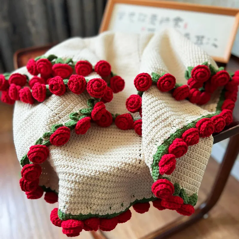 

New Rose Bouquet Blanket Finished Products Fuzzy Blanket for Girls Mother's Cotton Fringe Plaid Blanket Valentine's Day Gift