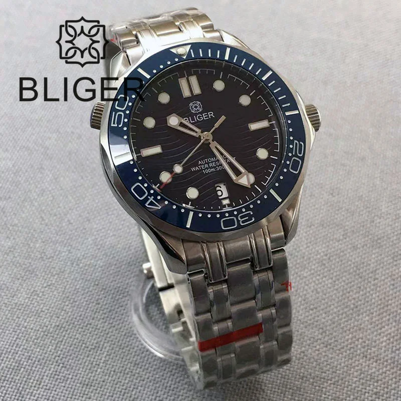 BLIGER 41mm Watch For Men NH35 Automatic Mechanical Wristwatch Blue Dial Ceramic Bezel Luminous Waterproof 6 O\'clock Date Window