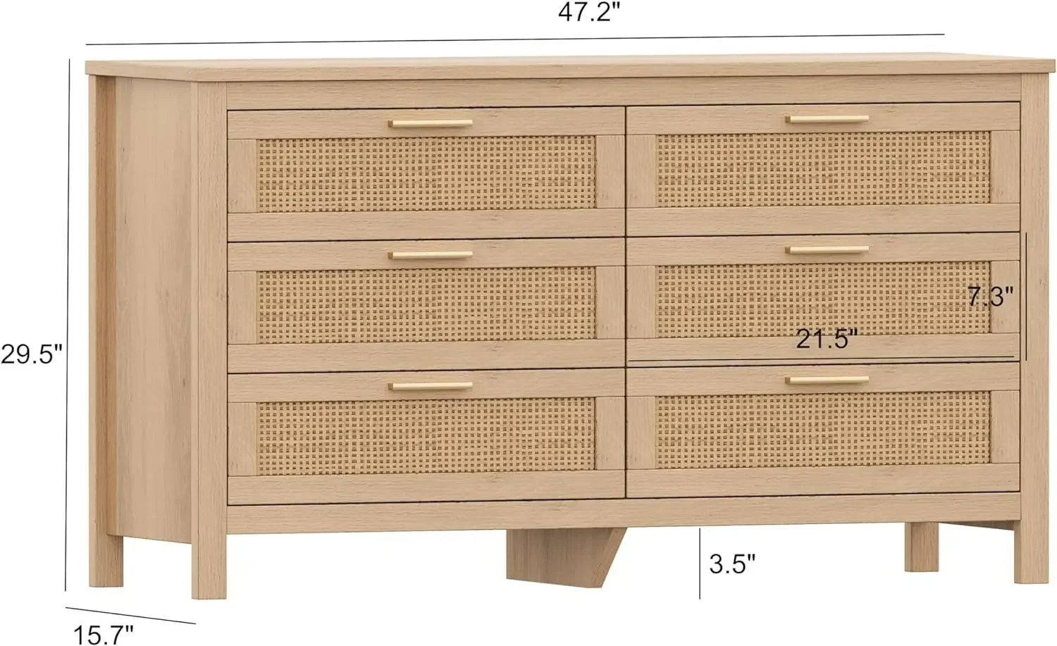 Rattan 6 Drawer Dresser for Bedroom, Wooden Storage Chest of Drawers with Metal Handles,  for Living Room, Entryway, Natural