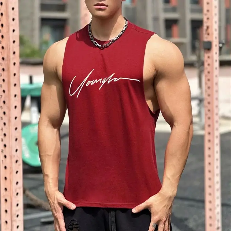 Cotton fashion men\'s tank top Streetwear Sports casual men\'s top Wide shoulder crew neck sleeveless tank top men\'s wear