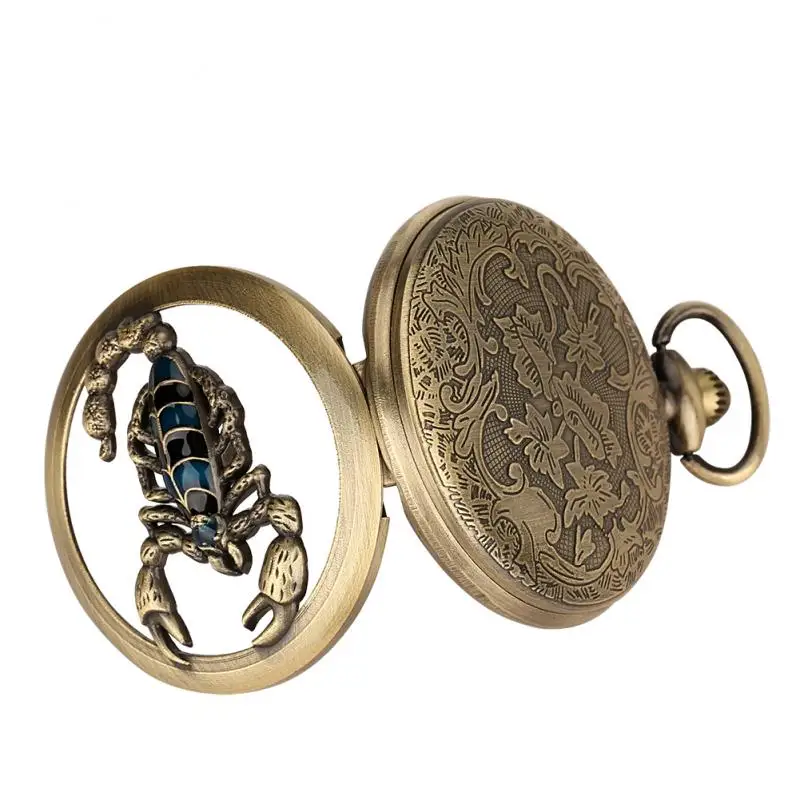 Oco Bronze Scorpion Padrão Fob Cadeia Jóias Quartz Pocket Watch Homens Roman Numbrals Steampunk Pingente Colar Relógios De Corrente