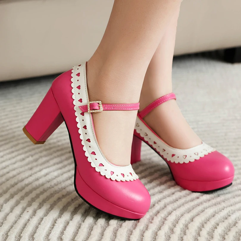 

Plus Size Solid Color PU Patchwork Ruffles Lolita Style Cute And Sweet Girl's Mary Jane Shoes Thick Heel Buckle Shallow Pumps