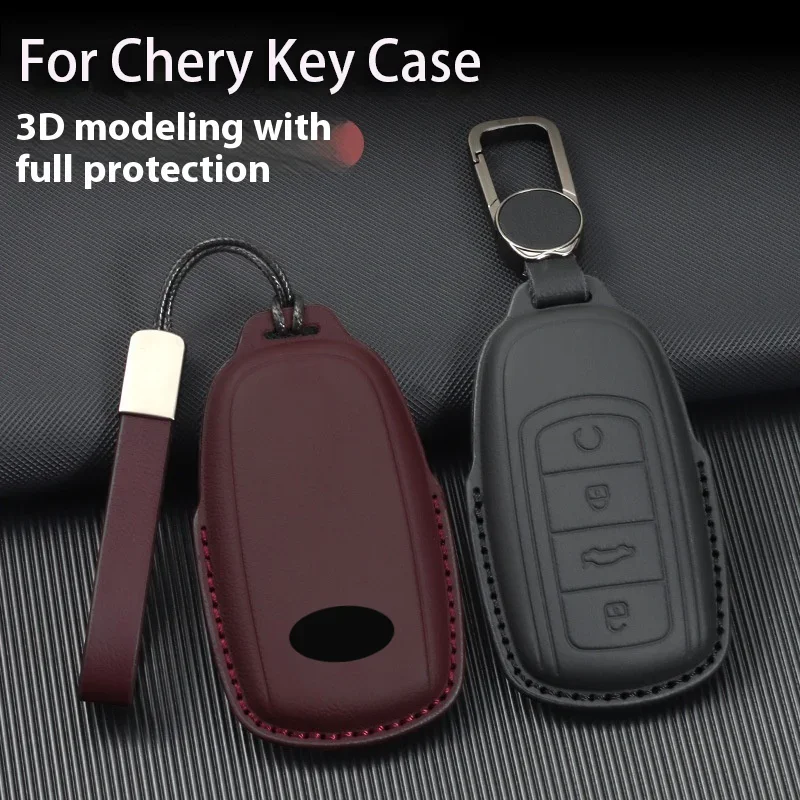 

Genuine Leather Car Remote Key Cover Fob Case with Keychain, For CHERY Omoda 5 Tiggo 8 Pro 9 Jaecoo J7 8 Exeed TXL Arrizo 5plus