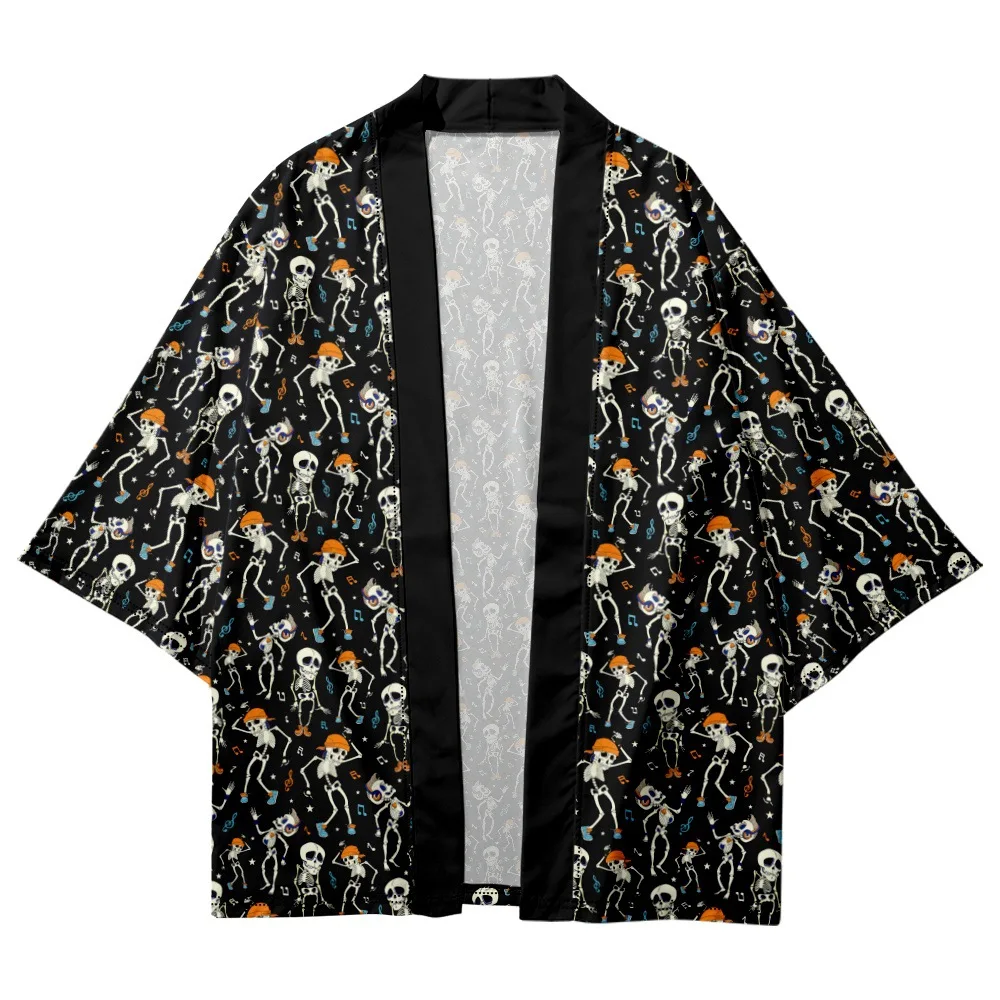 

Fashion Black Skeleton Print Cardigan Japanese Kimono Streetwear Women Men Harajuku Haori Top Shirts Yukata